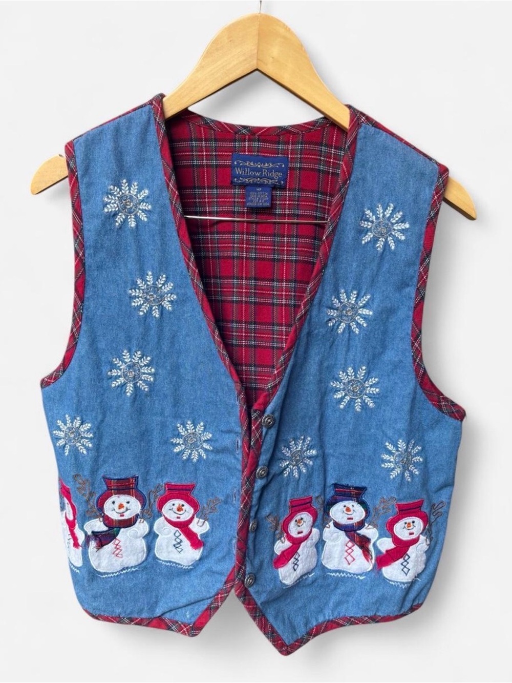 Vintage 90s Willow Ridge Snowman Denim Christmas Vest | Plaid Back M